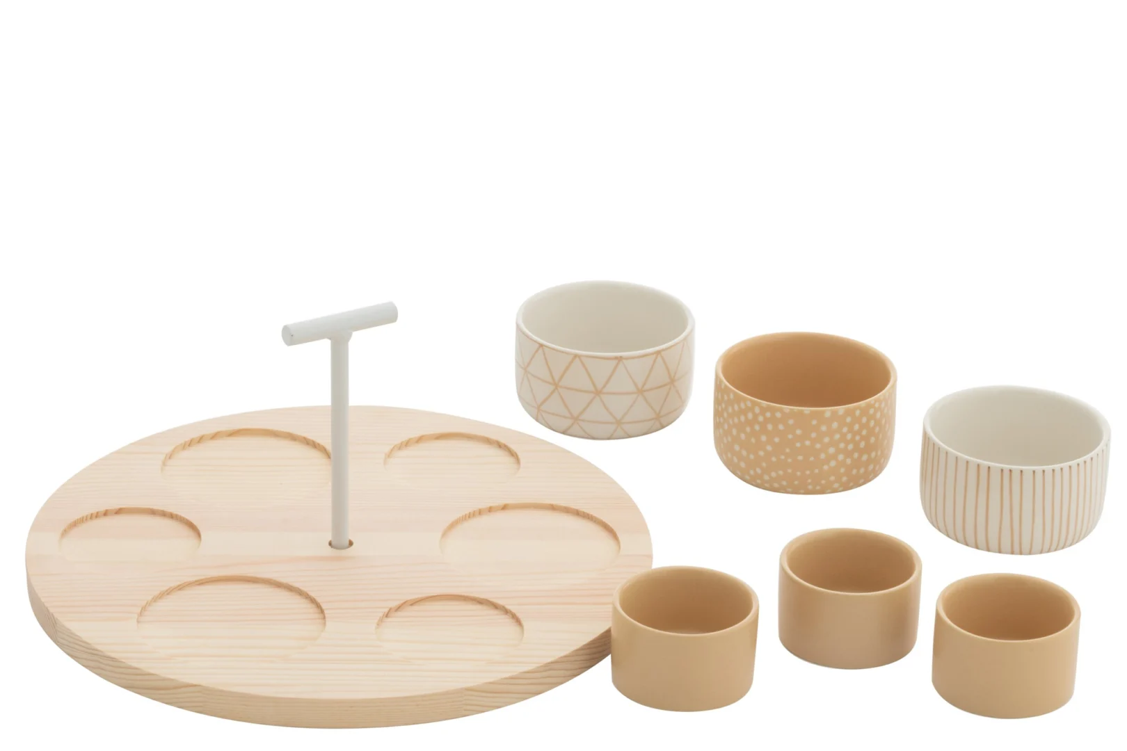 Servies Moonsel keramiek beige met houten dienblad en 6 tapasschaaltjes