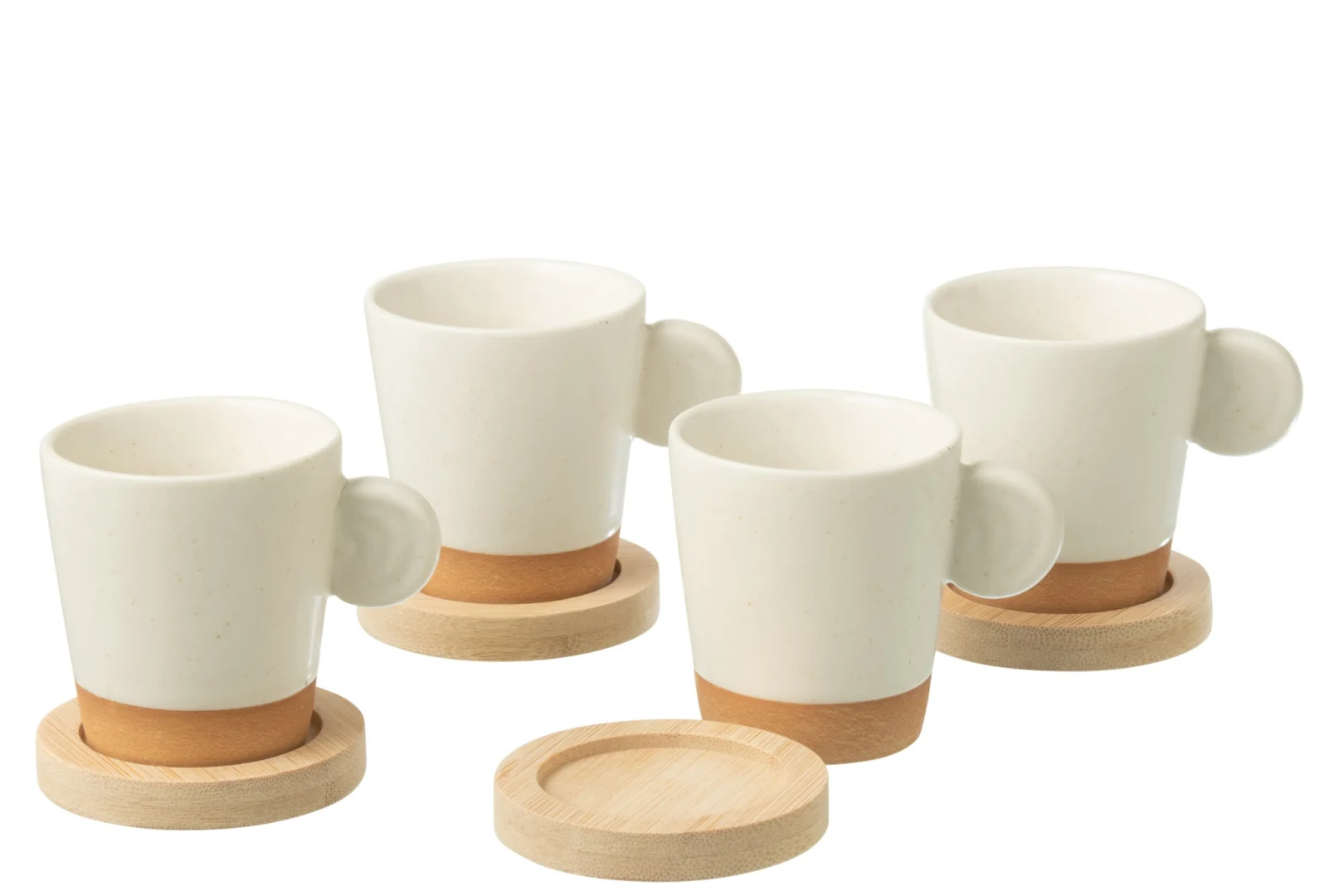 Kopje Beinsang keramiek wit set van 4 met handvat en houten onderzetters