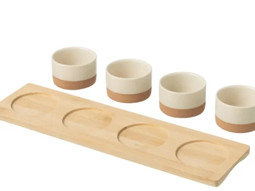Dienblad Trieskik keramiek wit met bamboe dienblad en 4 tapasbakjes, langwerpig en compact