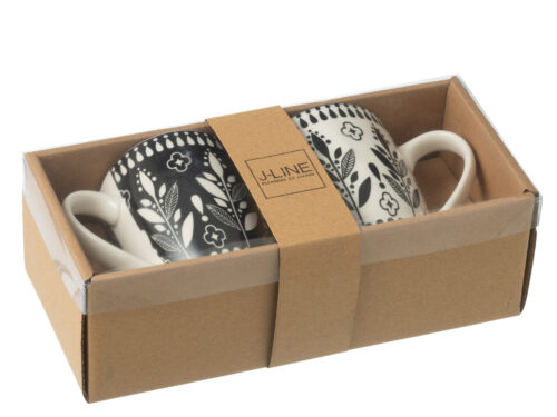 Mok Florria zwart keramiek in cadeauverpakking, met modern zwart-wit bladpatroon en twee handgrepen