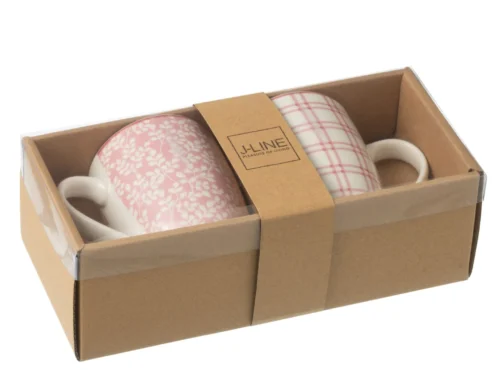 Set van 2 Mok Take keramiek in roze, wit met bloem- en ruitpatroon, verpakt in cadeauverpakking