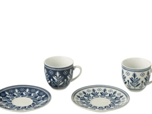 Kopje Tistena Keramiek Blauw set van 6 met bloemmotief, twee tinten en bijpassende schotels