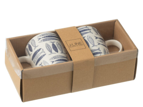 Set van 2 Mok Daulir keramische mokken met donkerblauw vissenmotief in cadeauverpakking