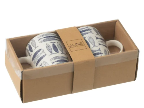 Set van 2 Mok Daulir keramische mokken met donkerblauw vissenmotief in cadeauverpakking