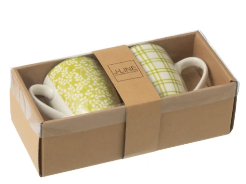 Set van 2 groene keramische mokken in cadeauverpakking met botanisch en ruitpatroon