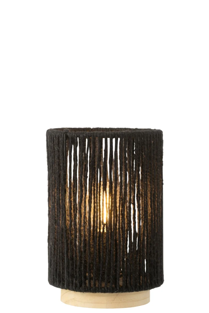 Tafellamp Jeissesta H20 cm met zwarte katoen cilinder en lichte houten voet, modern en sfeervol