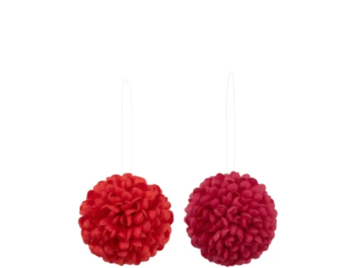 Kunstbloem Reebak stof meerkleurig set van 2 in rood en fuchsia, zachte bolvormige decoratie met ophanglus