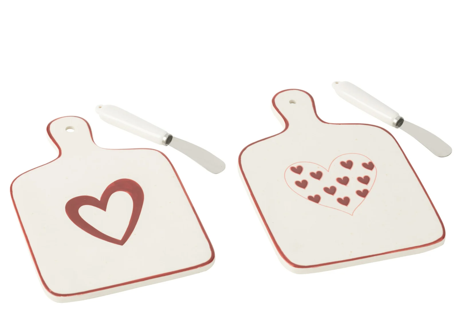 Set van 2 witte porseleinen serveerplanken Flirdu met rood hartmotief en handvat, compact formaat