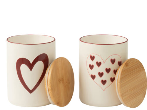 Voorraadpot Flenon porselein wit, set van 2 met houten deksel en hartprint