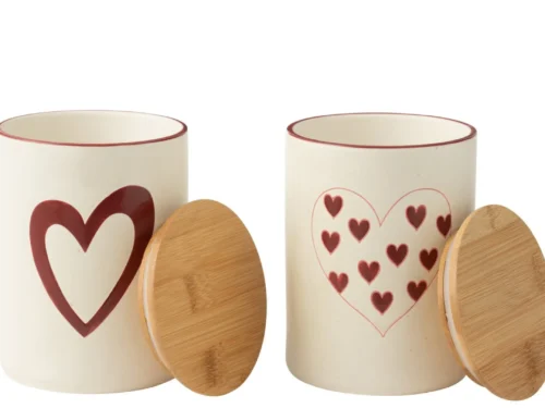Voorraadpot Kaannu porselein wit, set van 2, met rood hartmotief en bamboe deksel