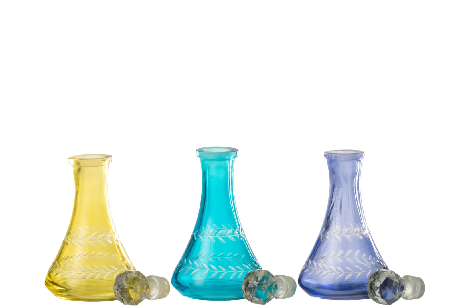 Flunsy decoratie glas set van 3 in geel, turquoise en blauw, met decoratieve flesvorm en facettoppen