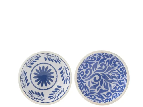 Schaal Klubello mangohout blauw set van 2 met blauw-witte bloemenprint en sierlijk decoratief patroon