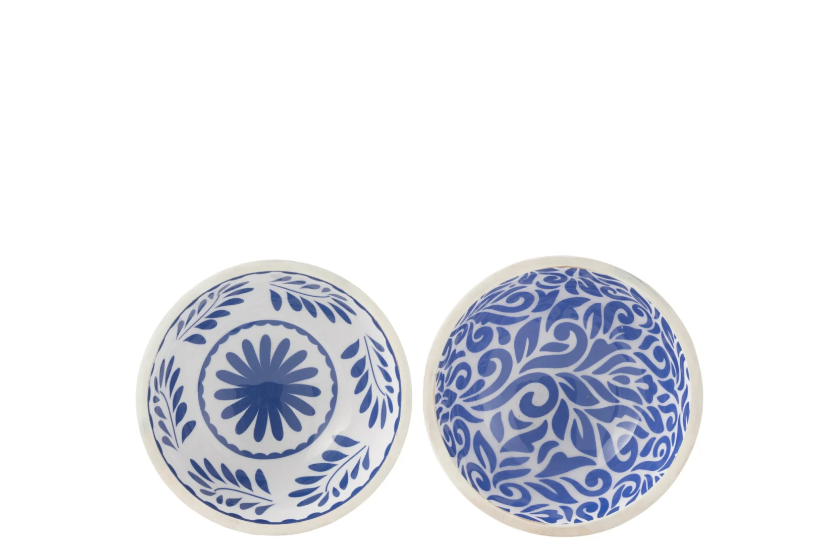 Schaal Klubello mangohout blauw set van 2 met blauw-witte bloemenprint en sierlijk decoratief patroon