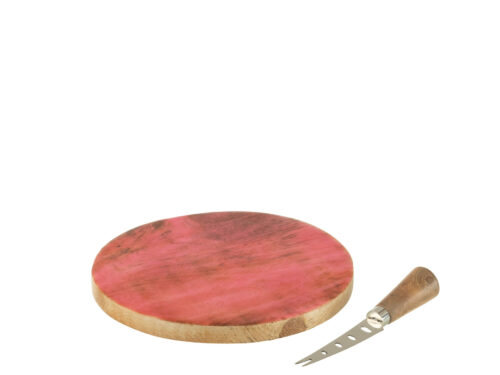 Ronde Kaasplank Naandes van mangohout met roze afwerking en kaasmes, compact 20 cm voor borrelhapjes