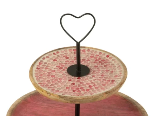 Taartstandaard Caltella met roze glazen borden, mangohout en hartvormige ijzeren greep