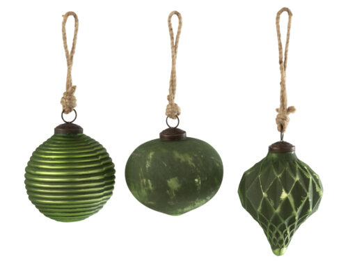 Kerstballen Mistral Glas Groen set van 3 met geoxideerde look en jute ophanglus, 10 cm