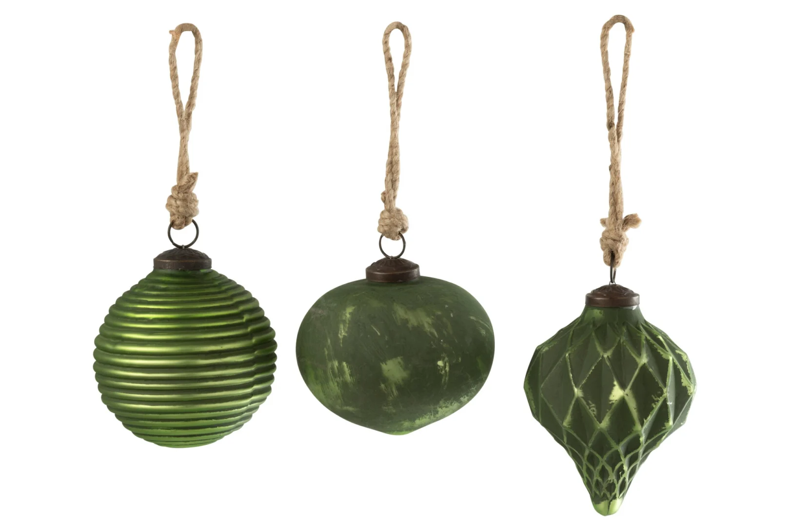Kerstballen Mistral Glas Groen set van 3 met geoxideerde look en jute ophanglus, 10 cm
