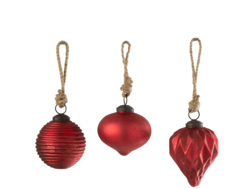 Kerstballen Pelvine glas rood set van 3 met touwlus en geoxideerde afwerking