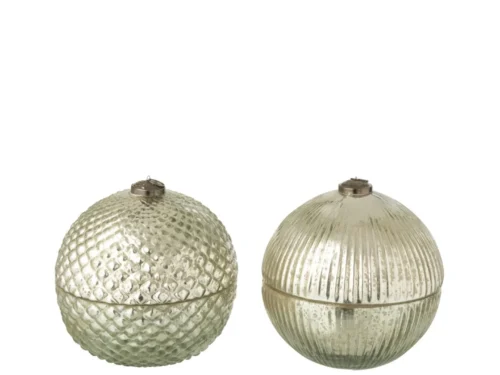 Geurkaars Taaskea in zilveren glazen kerstbal, set van 2, met winterse uitstraling en ribbel- en reliëfglas