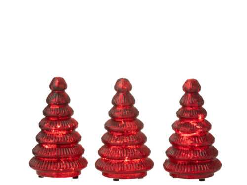 Kerstboom Kudena rood glas H10 cm, set van 3 met geribbelde structuur en LED-verlichting