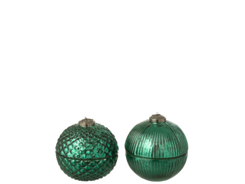 Geurkaars Flaalol groen set van 2 in kerstbalvorm, glazen decoratie met winterse uitstraling