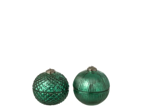 Geurkaars Flaalol groen set van 2 in kerstbalvorm, glazen decoratie met winterse uitstraling