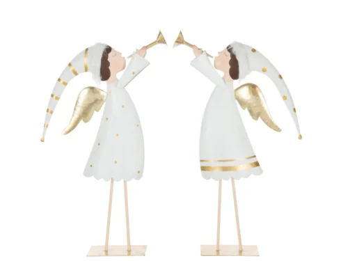 Set van 2 goudkleurige metalen engeldecoraties met witte accenten en slanke, hoge vorm