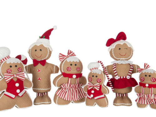 Beeld Narmol polyester bruine peperkoekfiguren set van 2, 58 cm, met vrolijke kerstdetails en rood-wit accenten