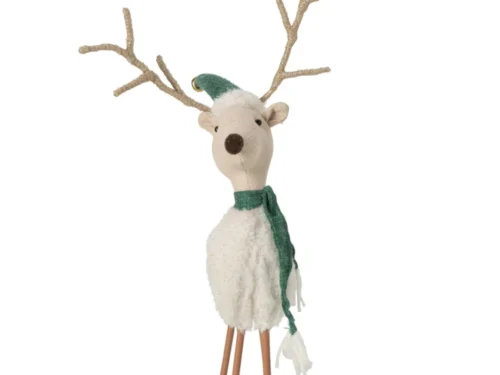 Zaunir decoratiefiguur rendier van meerkleurig polyester met groene sjaal en glitterende geweien, 61 cm hoog