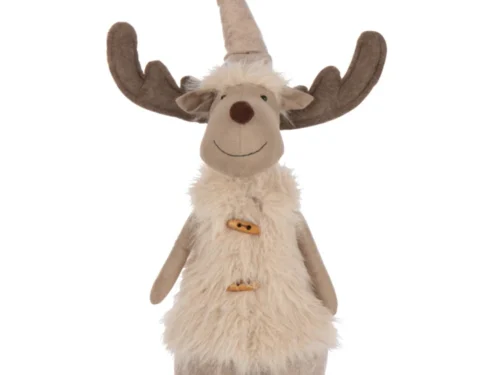 Decoratiefiguur Zieskun rendier in beige polyester met zachte vacht en hoge muts, H87 cm