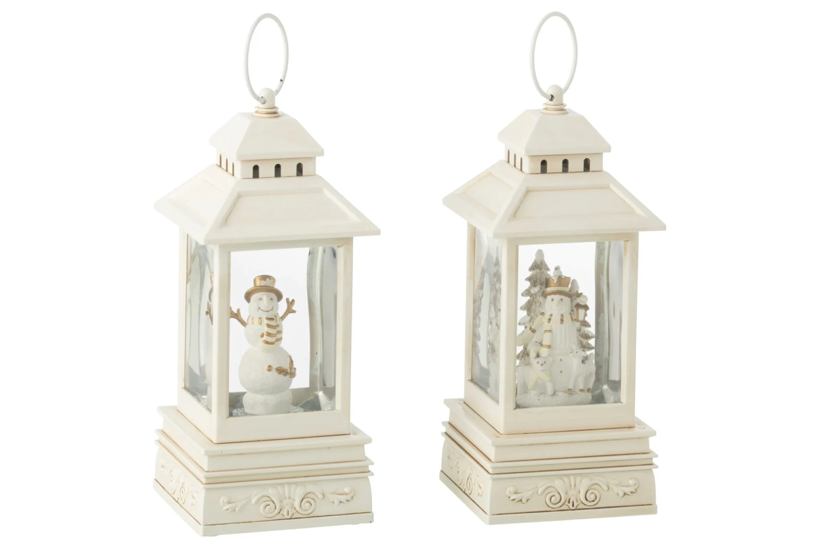 Klisor witte kunststof windlichten set van 2 met sneeuwpopfiguren en winterse details, H24,5 cm
