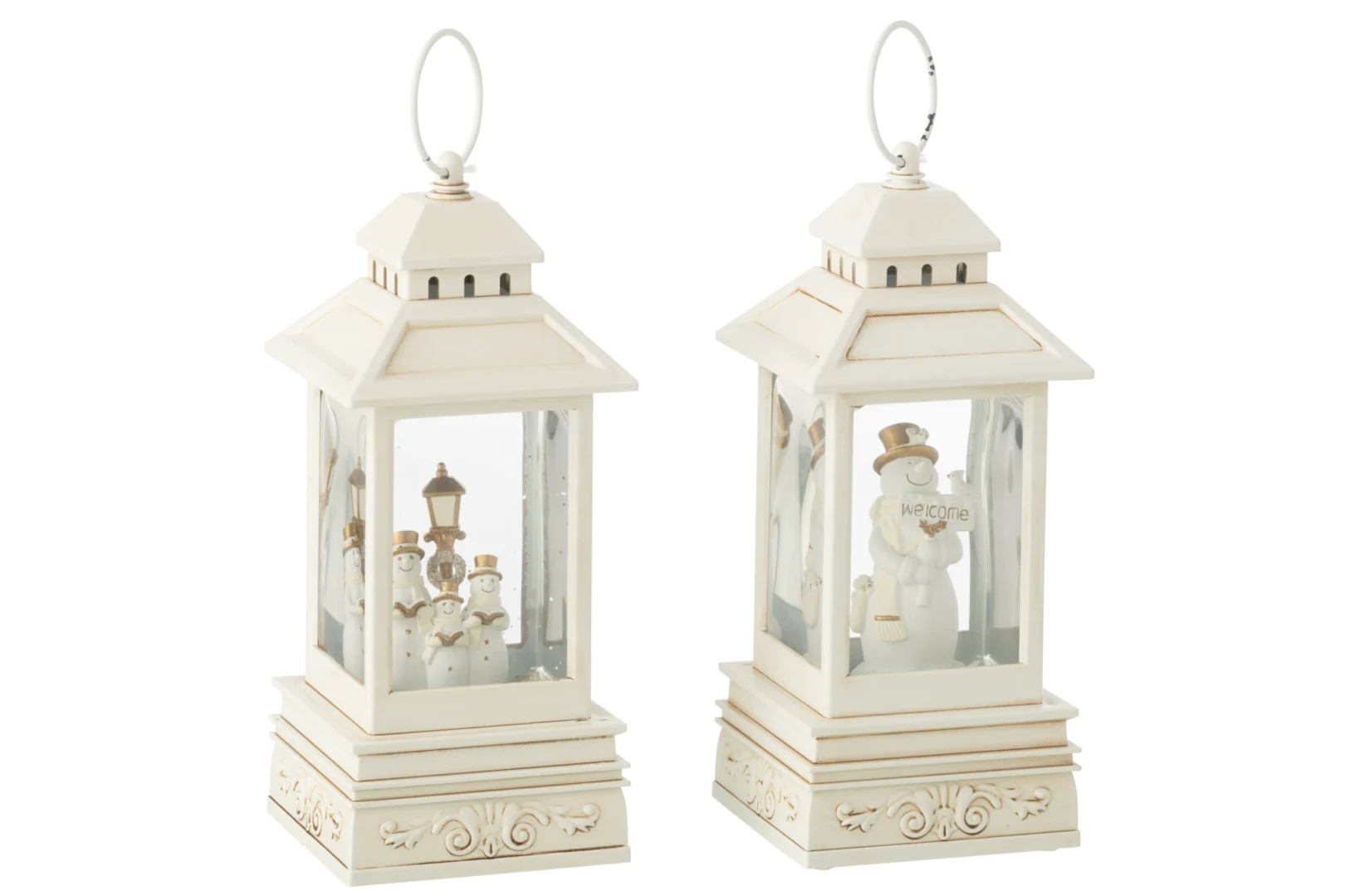 Set van 2 witte Greinsas windlichten met sneeuwpop-look en waterlamp-effect in lantaarnvorm