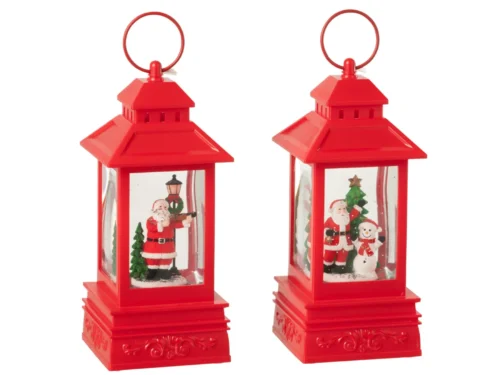 Trautang rood kunststof windlichtenset van 2 met kerstman, sneeuwpop en ring, 24,5 cm hoog
