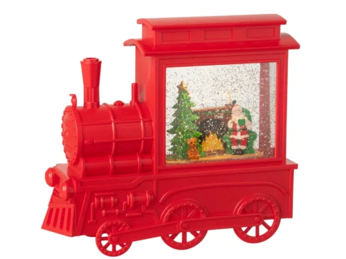 Rode Jossino sneeuwbol in locomotiefvorm met kerstboom en Kerstman, feestelijke kunststof woonaccessoire