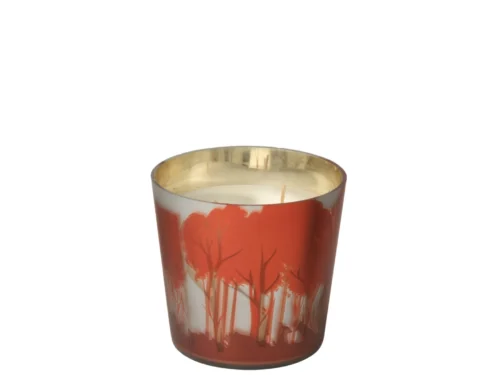 Geurkaars Saudol Rood in rood glas met goudkleurige binnenkant en herfstig bomenpatroon