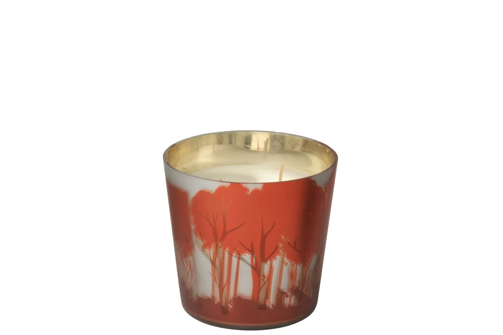 Geurkaars Saudol Rood in rood glas met goudkleurige binnenkant en herfstig bomenpatroon