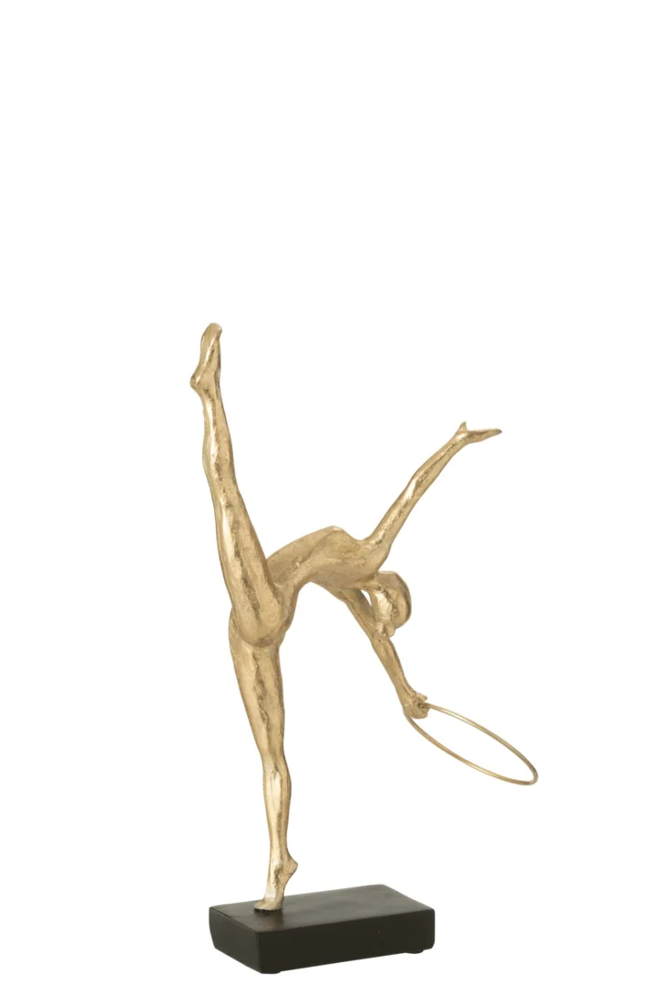 Woonaccessoire Preky polyresin zwart: goudkleurige gymnast op voet met hoepel, elegant en speels interieuraccent