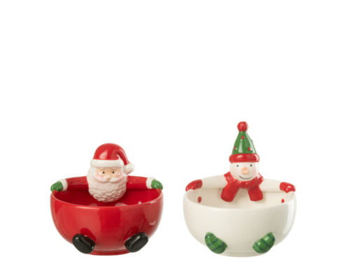 Kom Slaalvon set van 2 dolomiet kommen met Kerstman en Sneeuwpop, meerkleurig en feestelijk ontwerp