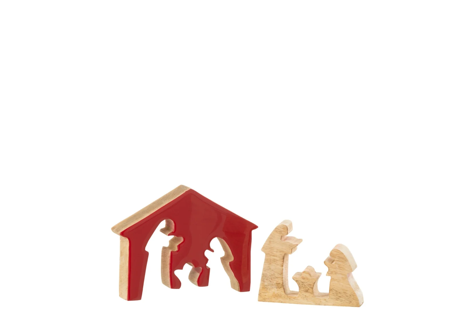 Kerststal Ruskas van mangohout met rode en naturelle accenten, compact en sfeervol kerstdecoratie-item