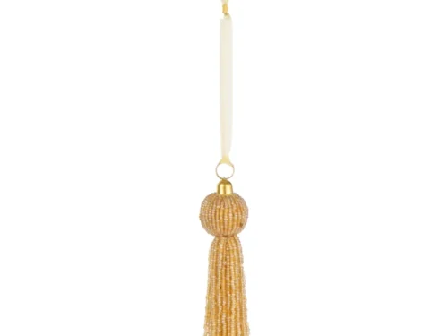 Decoratiehanger Meskund met goudkleurige kralen en elegante kwast, compact woonaccessoire