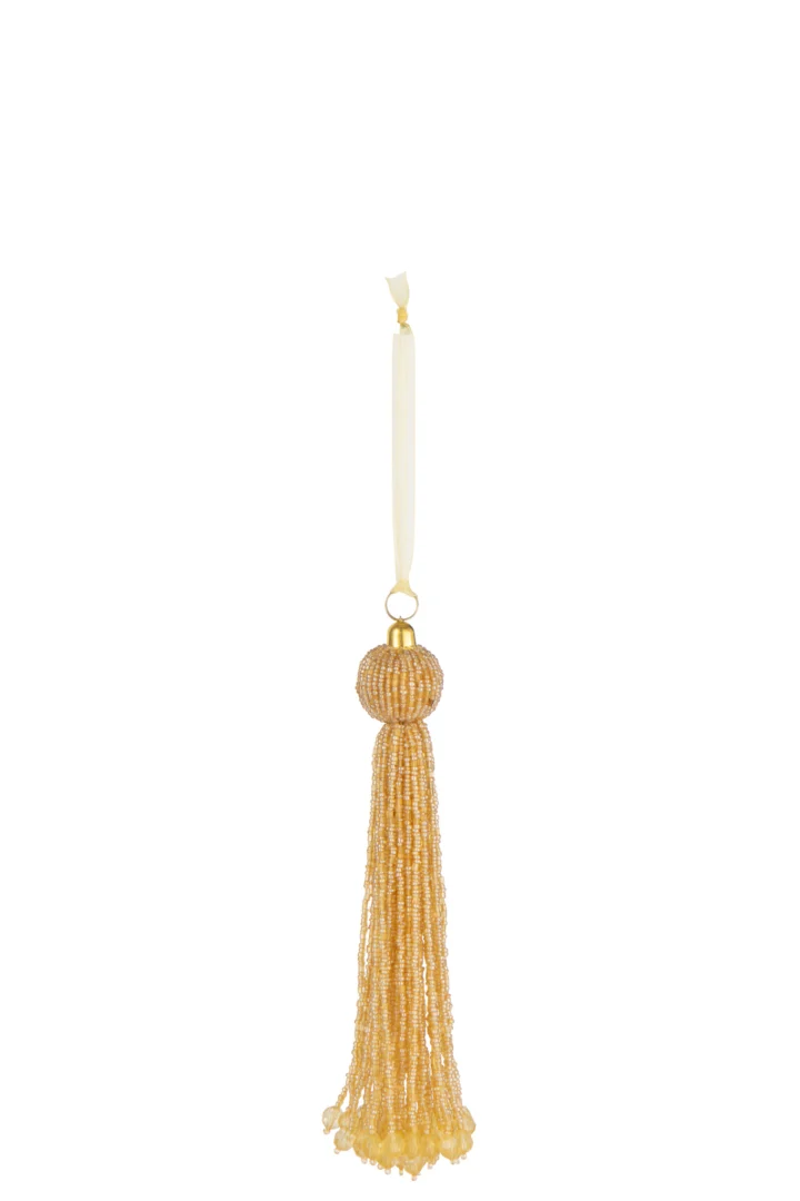 Decoratiehanger Meskund met goudkleurige kralen en elegante kwast, compact woonaccessoire