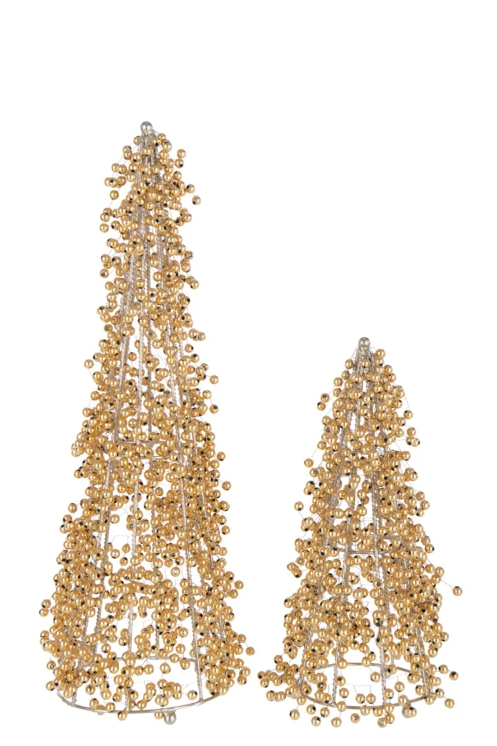 Decoratie Naubin Acryl Goud: twee kegelvormige decoratieve bomen met goudkleurige kralen en stevige metalen basis