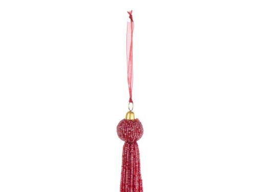 Kerstdecoratie Deeldano kralen rood hanger met houten detail en lange kwast