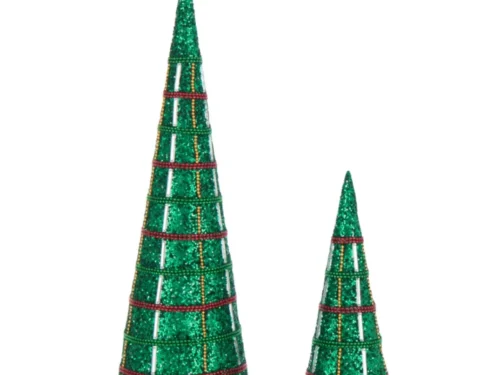 Decoratie Grolir Metaal Groen set van 2 kegelvormige decoraties met glitters en kralen