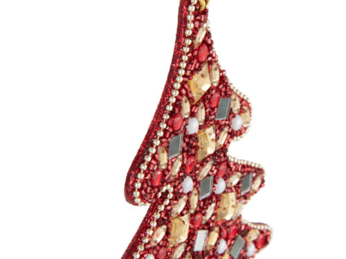 Kerstboom Flurrane hanger rood met kralen, glitters en gouden ophangkoord, set van 2