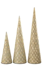 Decoratie Sliroro Metaal Wit set van 3 kegelvormige decoraties met gouden accenten en opengewerkt design
