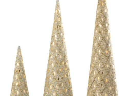 Decoratie Sliroro Metaal Wit set van 3 kegelvormige decoraties met gouden accenten en opengewerkt design