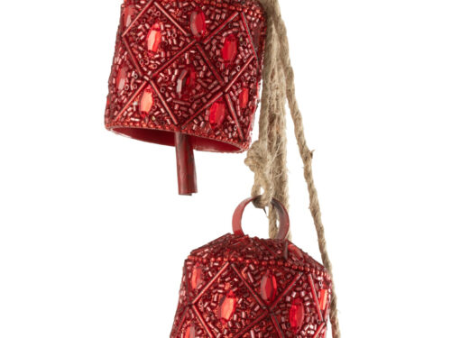 Beibesta rode kerstdecoratie 7 Bells met ijzer, kralen en jute ophangkoord