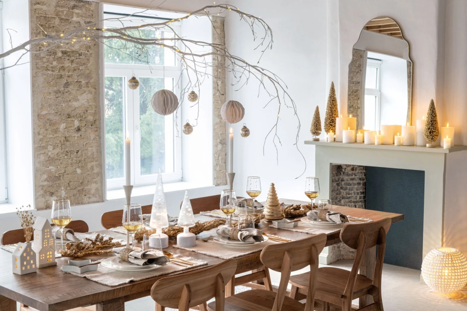 Raundora witte metalen kerstboom met glitter, sfeervolle winterdecoratie op een gedekte eettafel