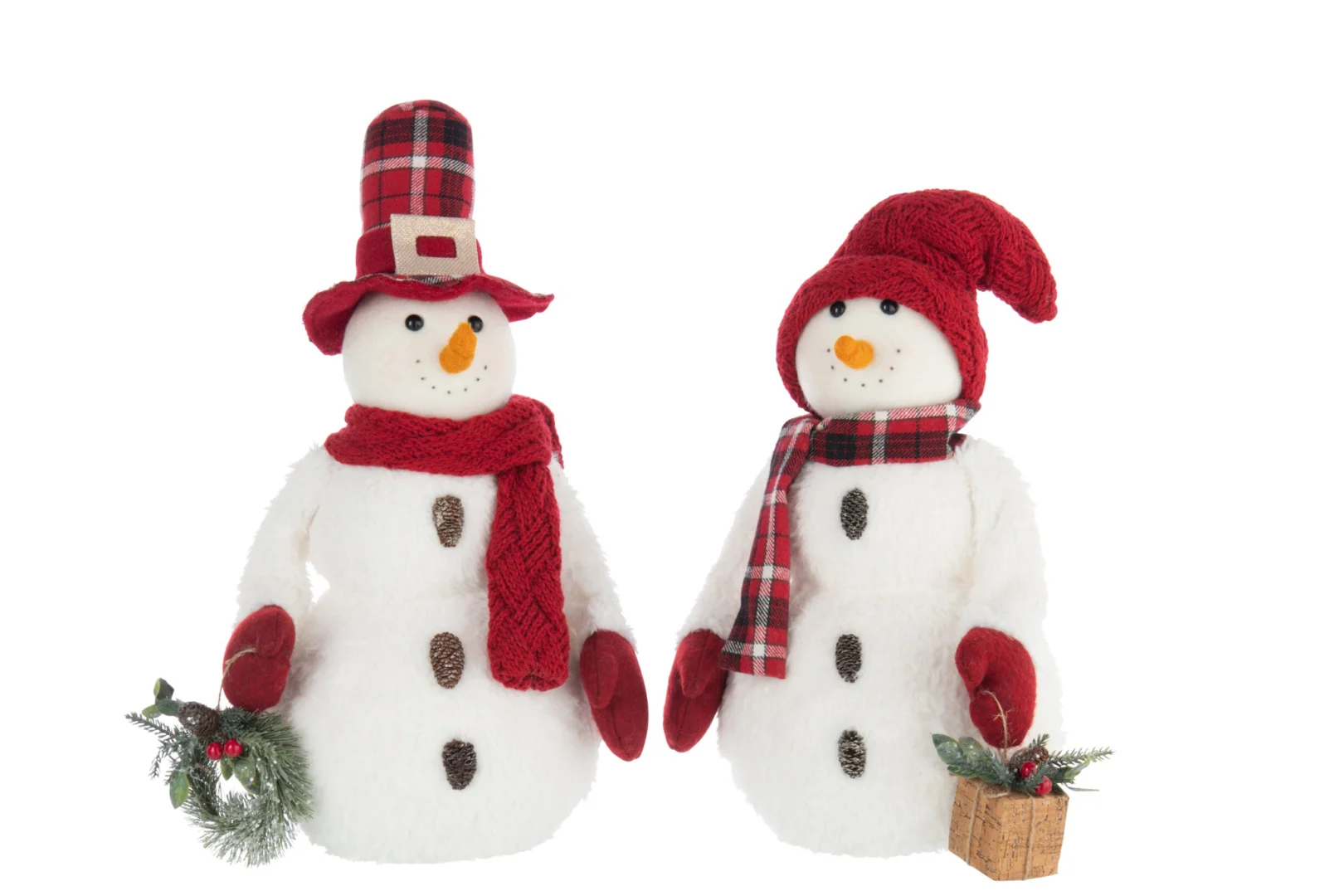 Grientoro decoratiefiguren set van 2 sneeuwpoppen in rood en wit met sjaal, muts en winterdetails
